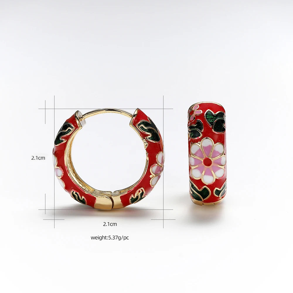 Simples Market red enamel flower huggie hoops, gold-tone metal with white daisies, women's small boho earrings