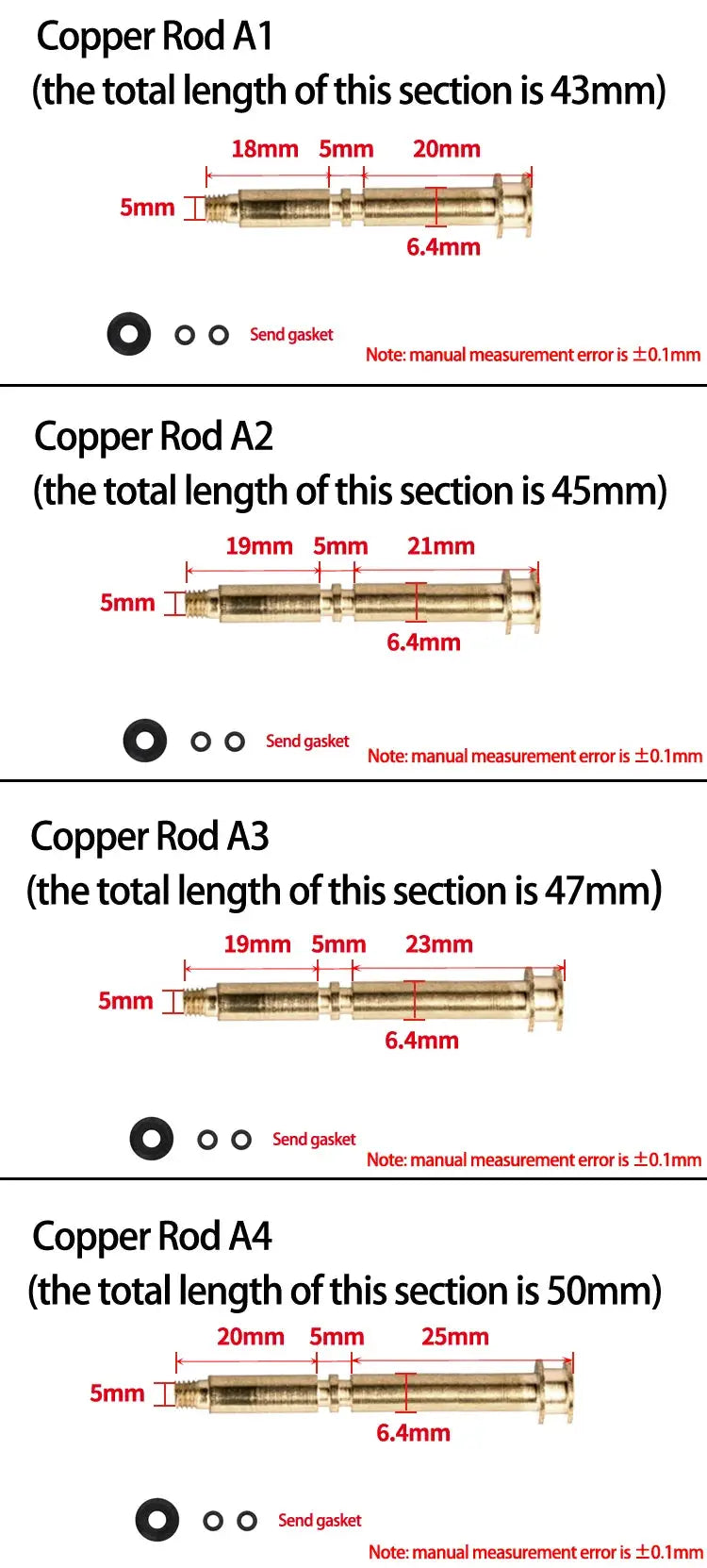 Copper shower faucet pull rods A1–A4 with gasket set and length specs 43–50mm