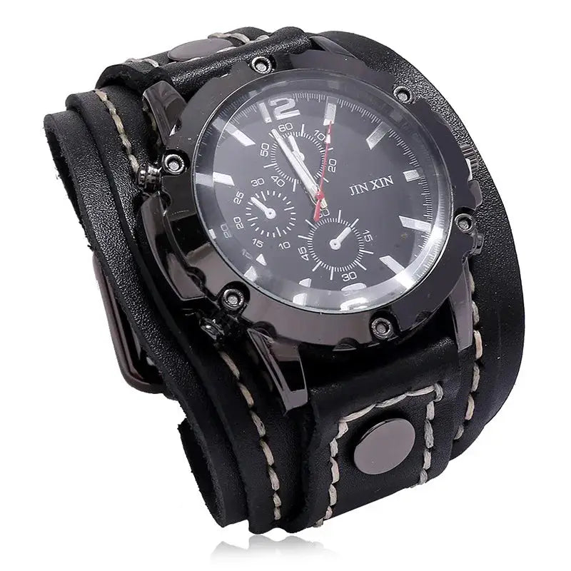 Rogue Punk Style Mens Quartz Watch With Wide Genuine Cowhide Leather Strap And Luminous Dial