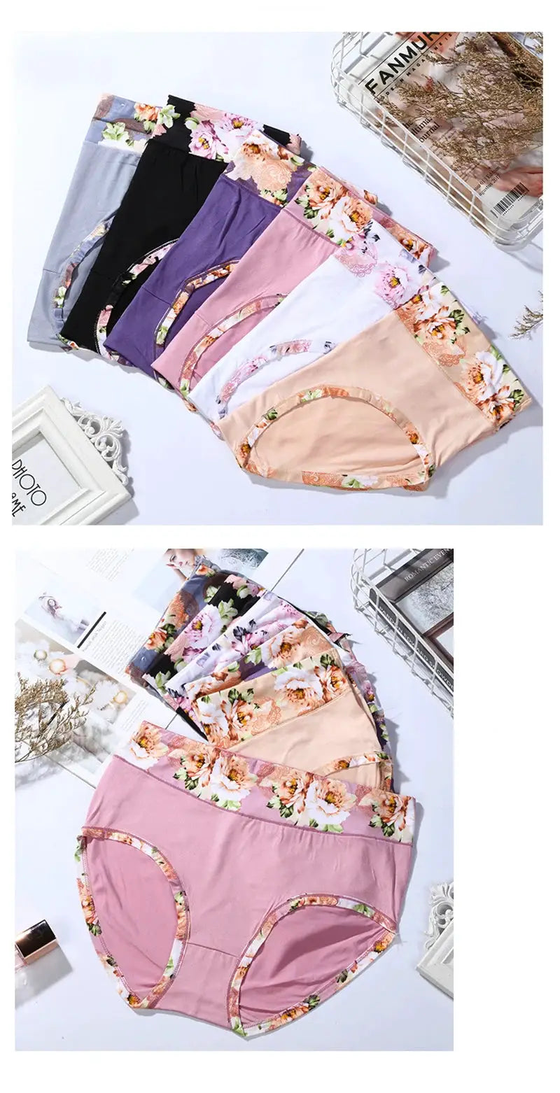 Simples Market floral print panties, 3-piece plus-size briefs with floral waistband trim in assorted colors