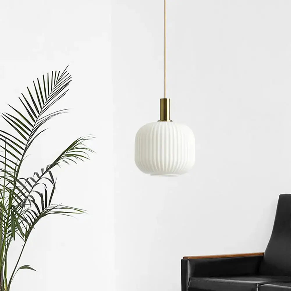 Pendant lamp: white ribbed glass with brass top, modern loft lighting