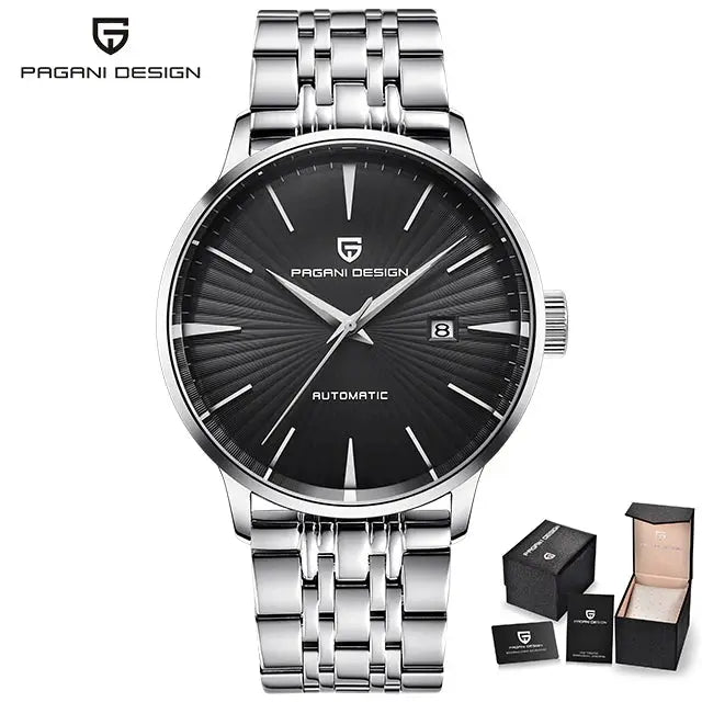 Pagani Design men's automatic wristwatch with stainless steel bracelet, black sunburst dial, date window.