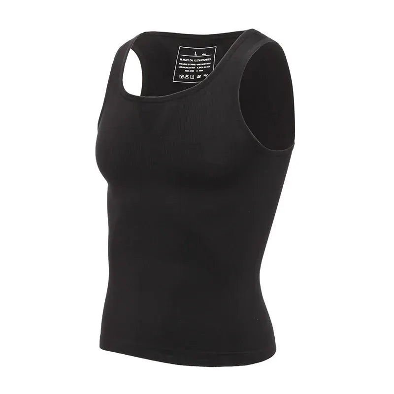 Black men's slimming compression tank top shapewear for abs and abdomen shaping.