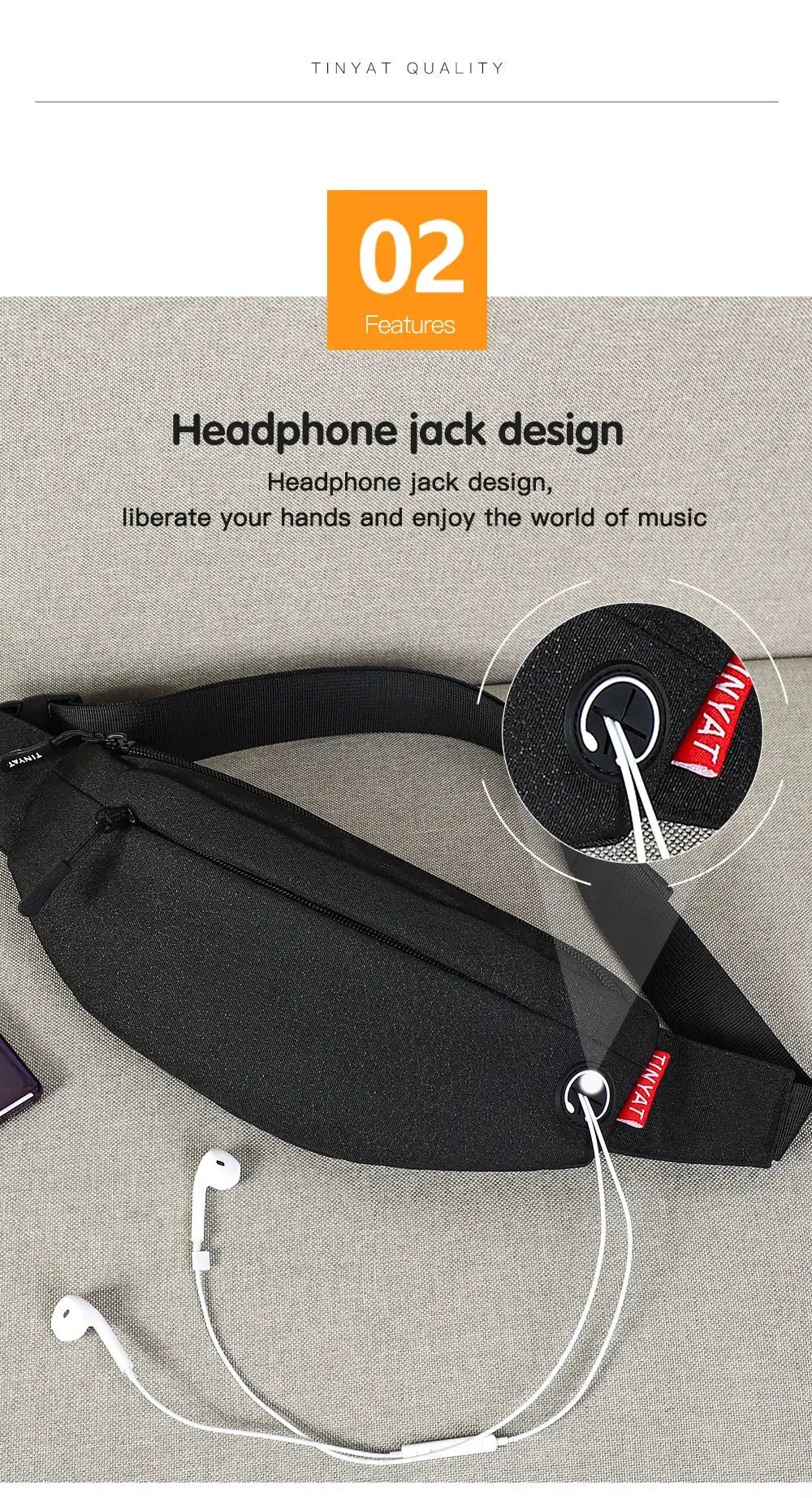 TINYAT black men's waist bag with headphone jack design and adjustable strap