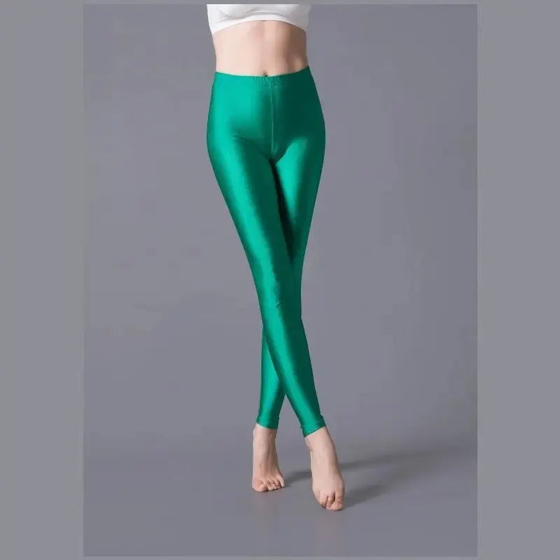 Shiny neon green women's leggings in stretch spandex with high elasticity, ankle-length, casual daily wear.