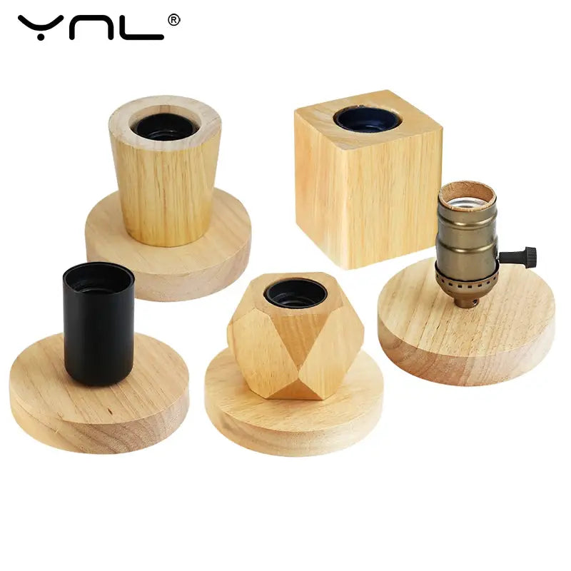 Modern retro wood table lamp set with five geometric wooden bases and E27 sockets by Simples Market