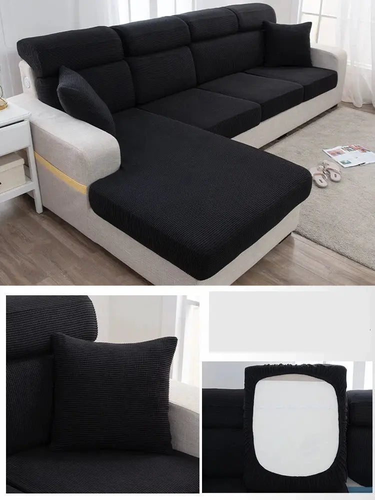 Sofa seat cover Simples Market for L-shaped sectional; solid black elastic fabric.