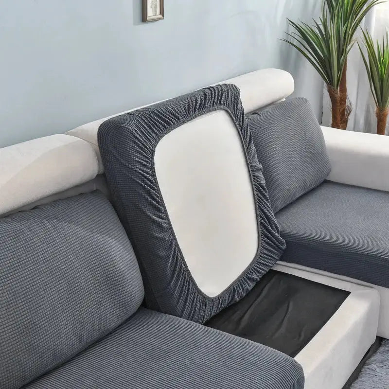 Sofa seat cushion cover in textured grey with a white center panel; Simples Market stretch slipcover
