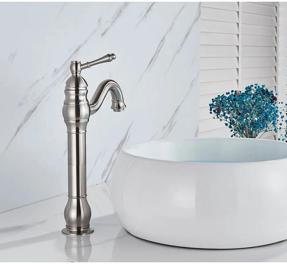 Vessel sink faucet, antique-style brushed nickel, deck-mounted with single lever and curved spout