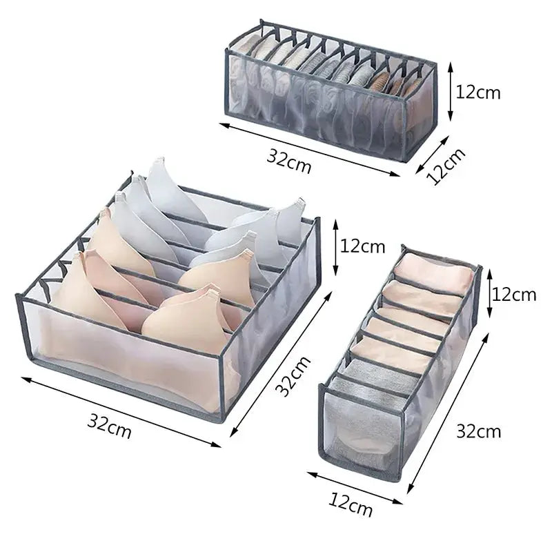 Closet organizer set for underwear and socks; 3 foldable mesh drawer boxes (32×32×12 cm, 32×12×12 cm, 32×12×12 cm).