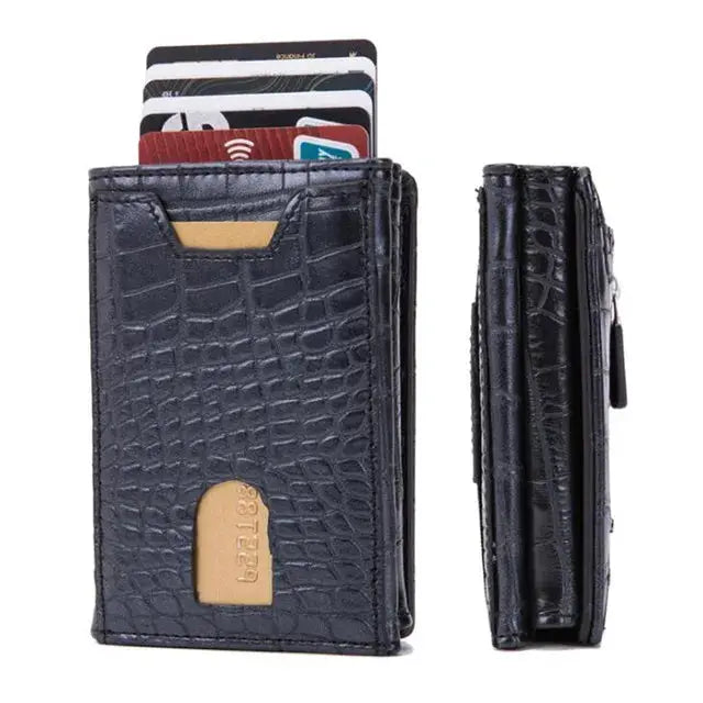 PU leather wallet card holder, black crocodile-embossed finish with RFID blocking