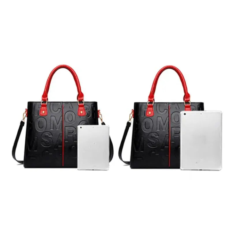 Two black PU leather crossbody tote bags with red handles and embossed lettering, each with detachable strap.