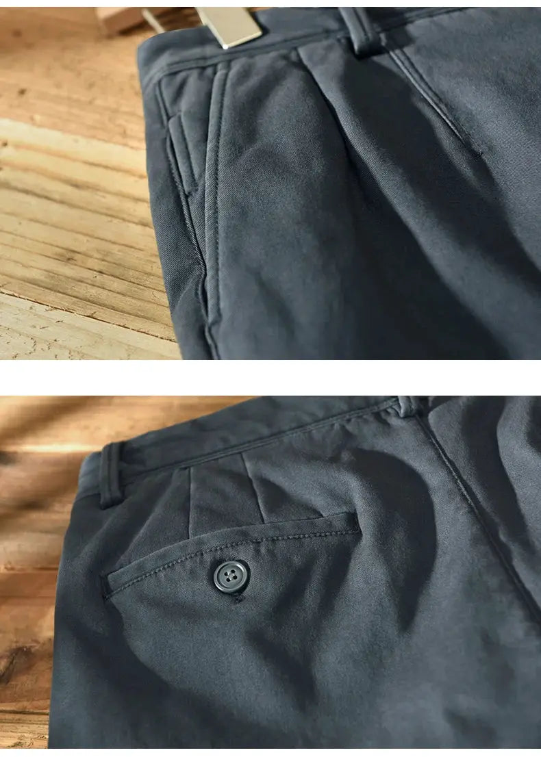 HIQOR 2025 men's cotton casual pants, dark navy, loose safari-style with back pocket button