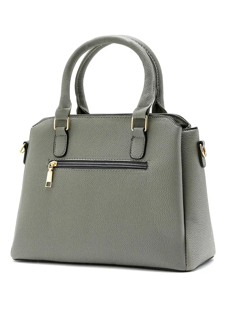 Handbag in gray PU leather with top handles, gold hardware and back zip pocket.