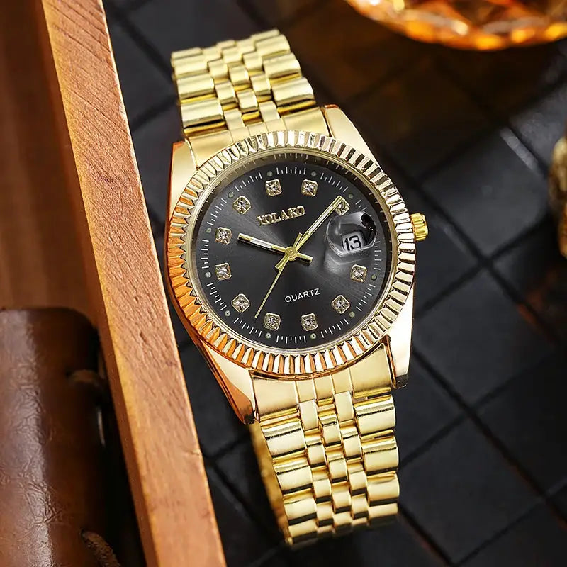 Luxury Mens Full Steel Quartz Wristwatch With Date Golden Finish Timeless Brand Timepiece