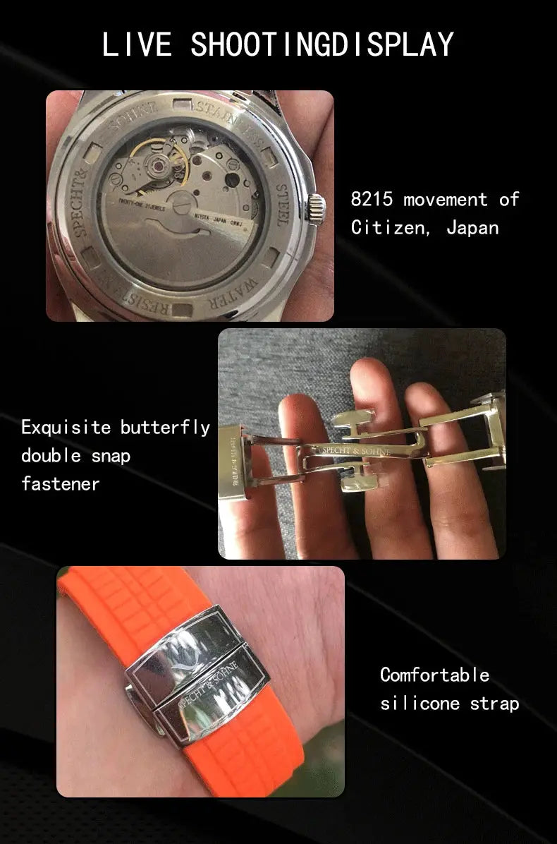 Specht&Sohne automatic mechanical sports watch with orange silicone strap and butterfly clasp