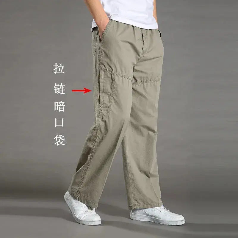 Men's khaki cotton cargo pants with thigh cargo pockets, workwear style, size 6XL