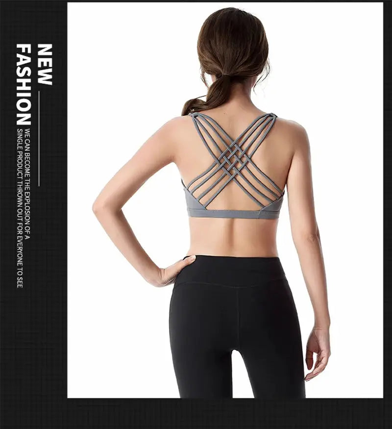 Sports bra for women, gray cross-back strap design, Simples Market fitness top, back view