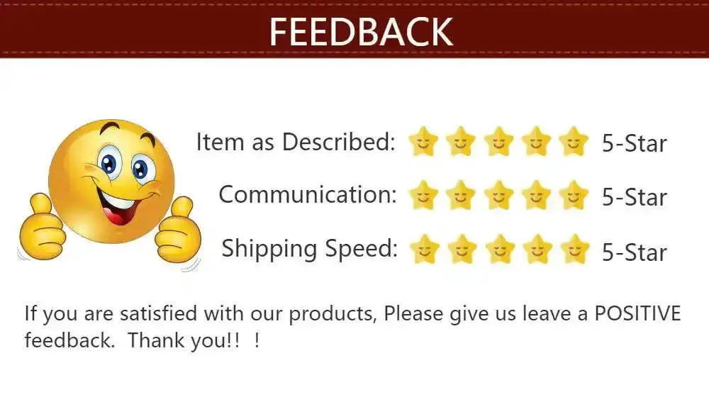 Feedback banner with a smiling emoji and 5-Star ratings for Item as Described, Communication, and Shipping Speed.
