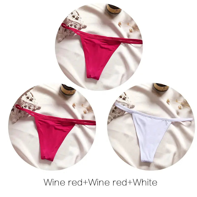 Simples Market FINETOO 3-pack thong panties, low-rise T-back bikini underwear in wine red and white