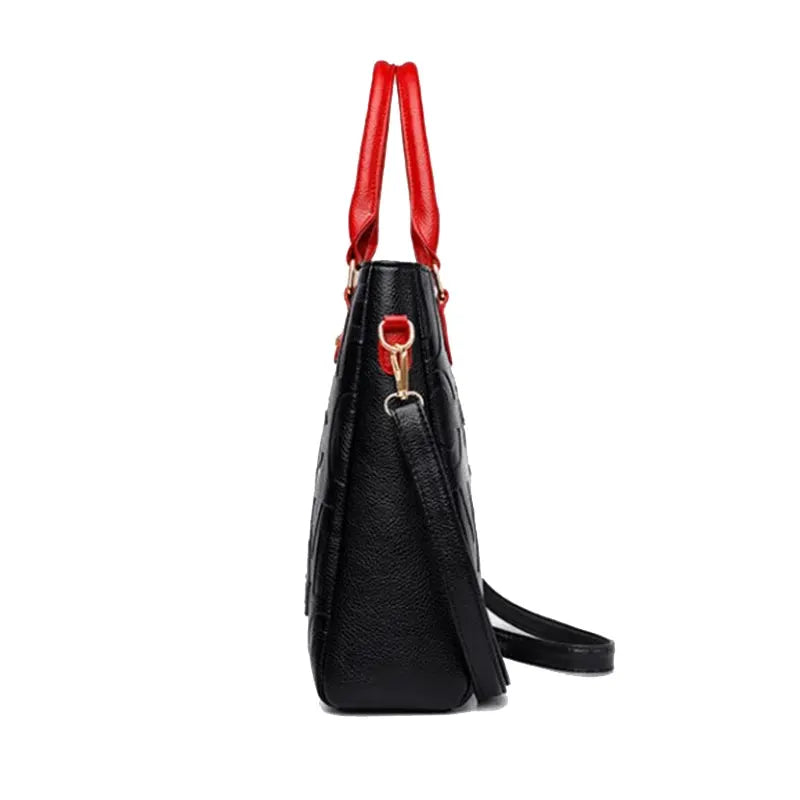 Simples Market PU leather crossbody bag, black with red handles and gold-tone hardware