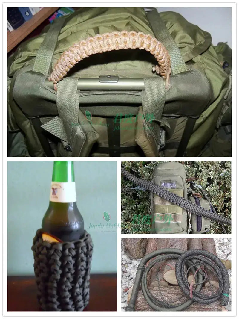 Simples Market military 550 paracord rope, tan 4mm 7‑strand parachute cord for camping, shown on a backpack.
