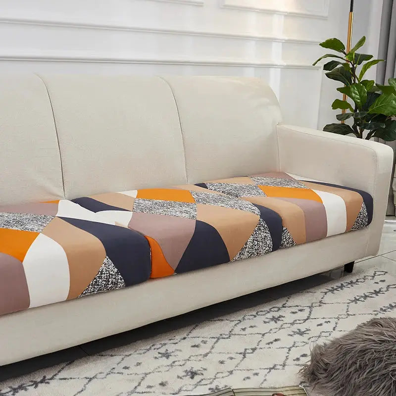Geometric print sofa cover by Simples Market for corner sofa; multicolor, elastic stretch furniture protector.