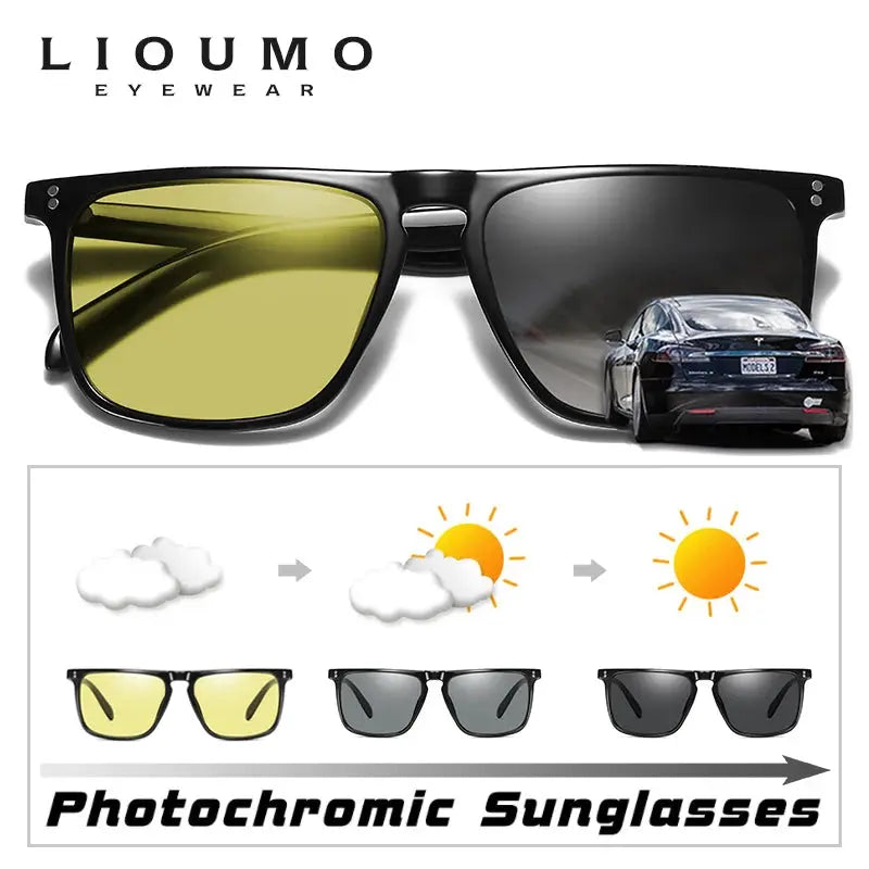 Rivet Square Photochromic Sunglasses Polarized Day Night Vision With Anti Glare Unisex