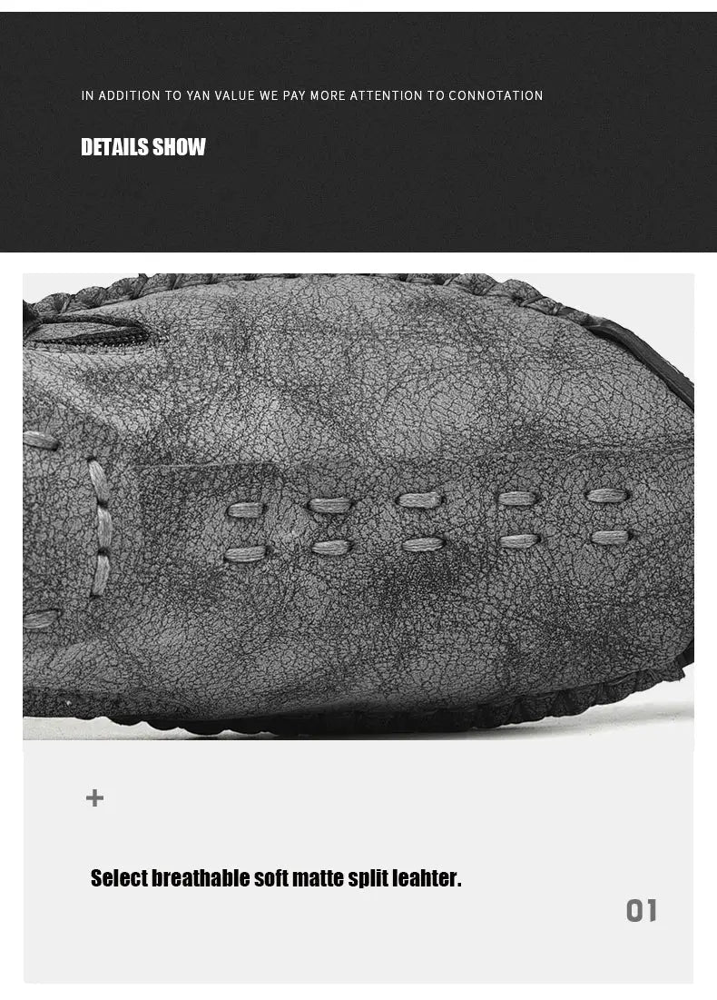 Handmade leather men’s casual slip-on loafers in grey, breathable moccasin-style construction.