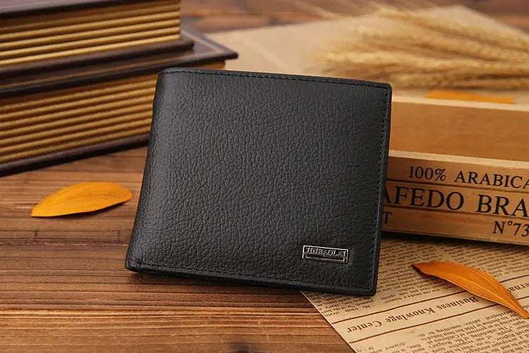 Classic short genuine leather men wallet with coin pocket and card holder, black, Simples Market.