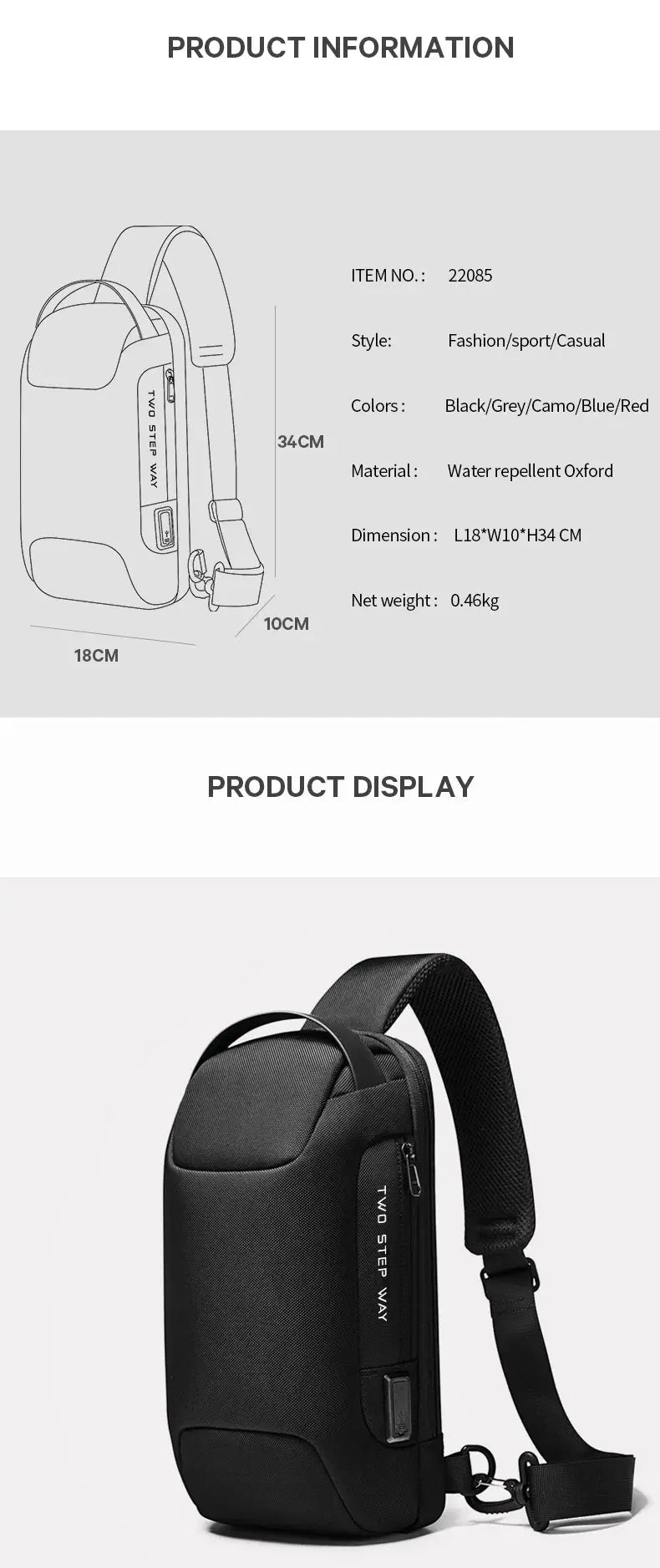 BANGE hot chest bag for men, black water-repellent Oxford fabric crossbody with USB charging