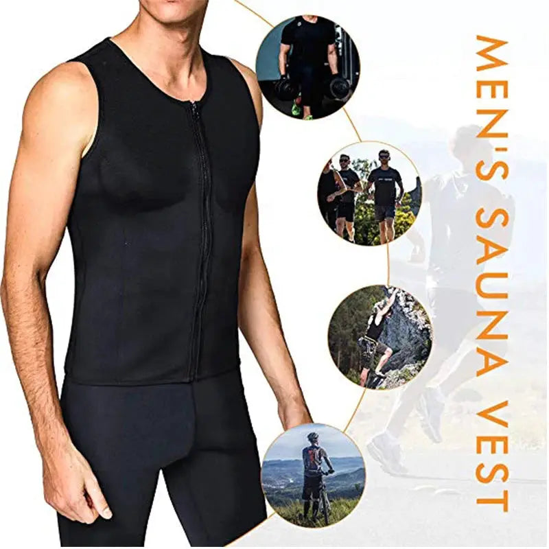Men's black zip-front sauna vest waist trainer sleeveless shapewear for workouts