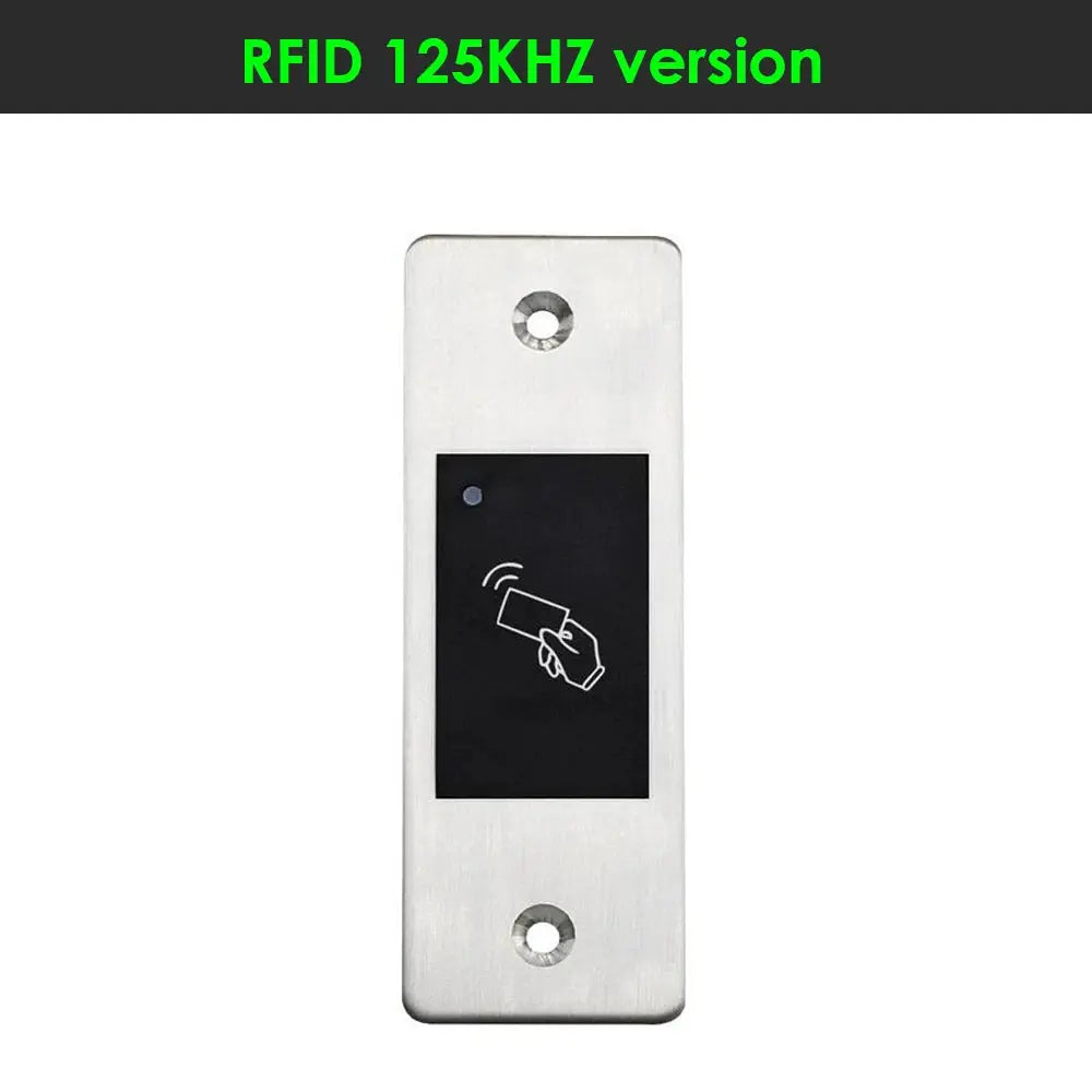 Metal RFID door access reader plate with black panel and card icon; two screw mounting holes