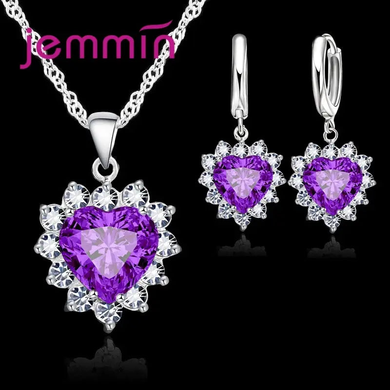Yaameli 925 Silver Heart Pendant Necklace And Hoop Earrings Jewelry Set For Women Engagement Anniversary Gift