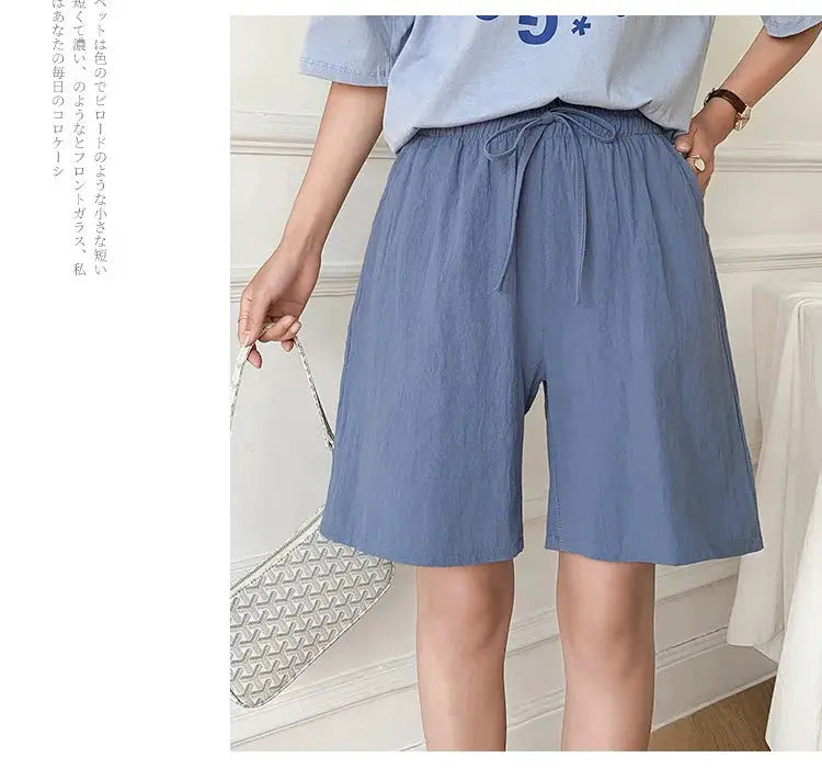 Women's blue cotton shorts, high-waist loose fit with two pockets for summer casual wear