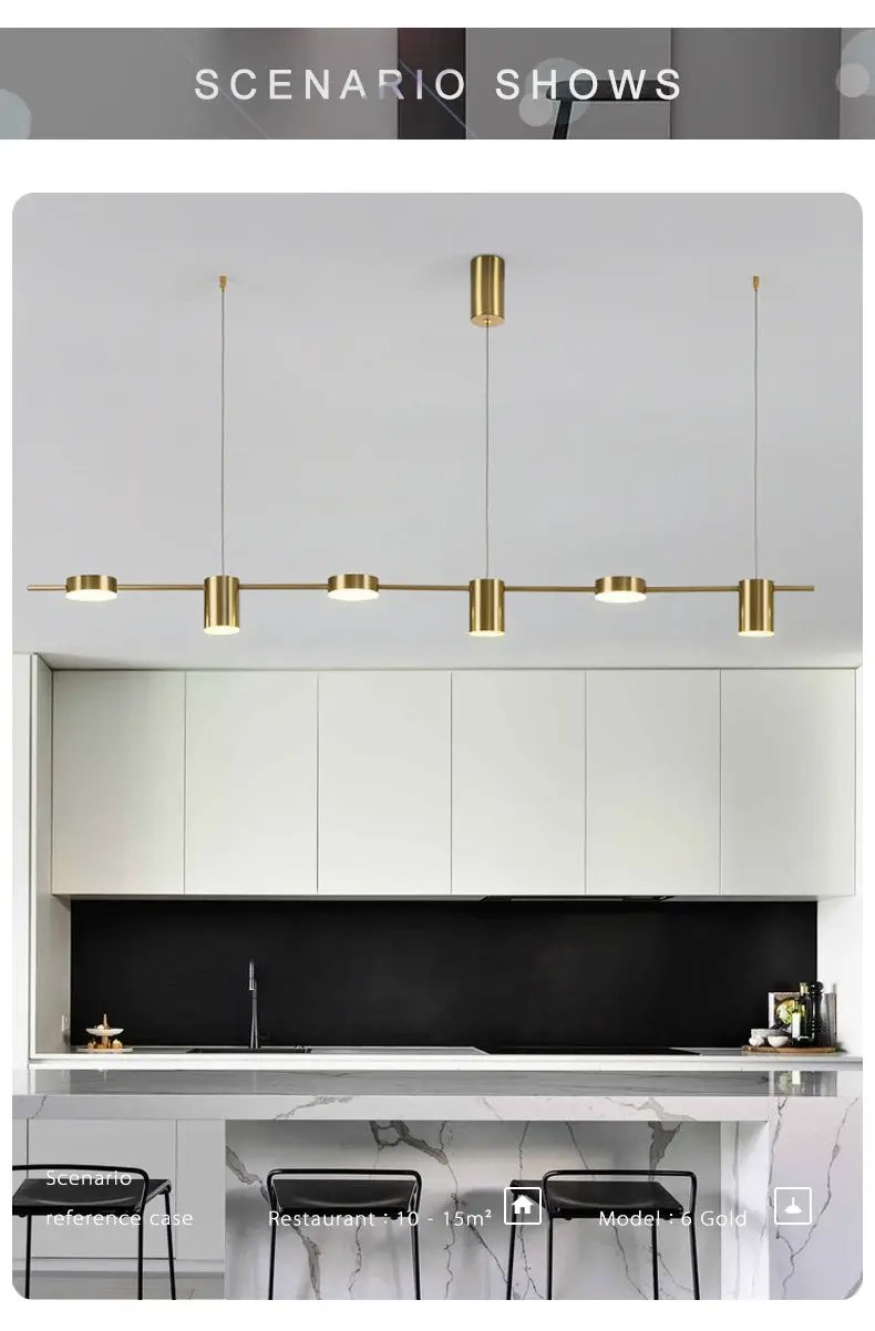 Simples Market five-light gold LED linear pendant chandelier for kitchen over island, dimmable.