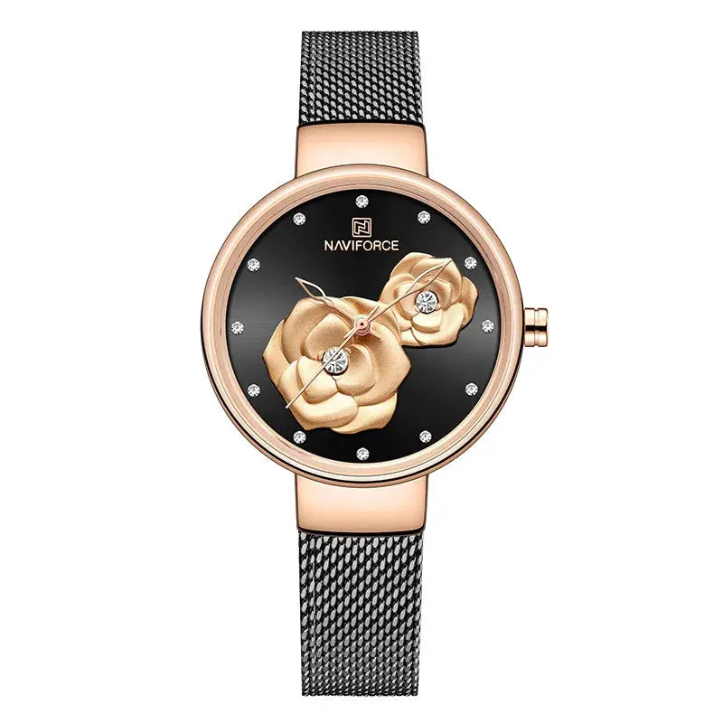 Naviforce women's watch with rose-gold mesh steel band, black dial featuring gold floral design and crystal markers.