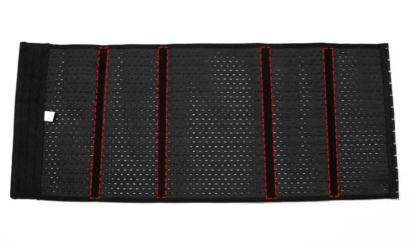 Simples Market men's black waist trainer belt with red stitched panels and hook closures.