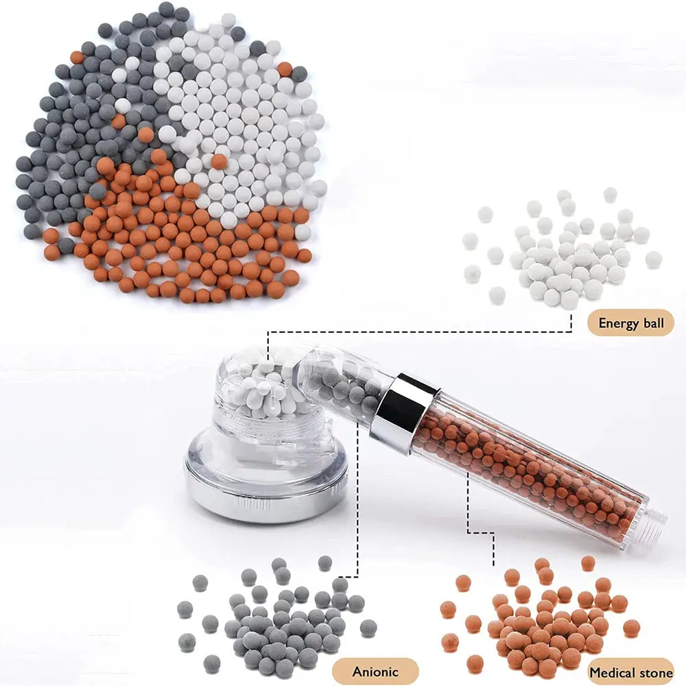 Shower head replacement beads filter by Simples Market with gray, white, and orange mineral beads for water purification