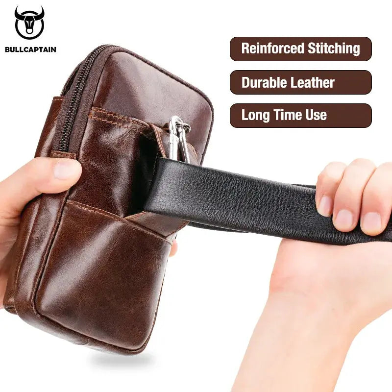 BULLCAPTAIN men's brown leather waist bag with black strap bum pouch