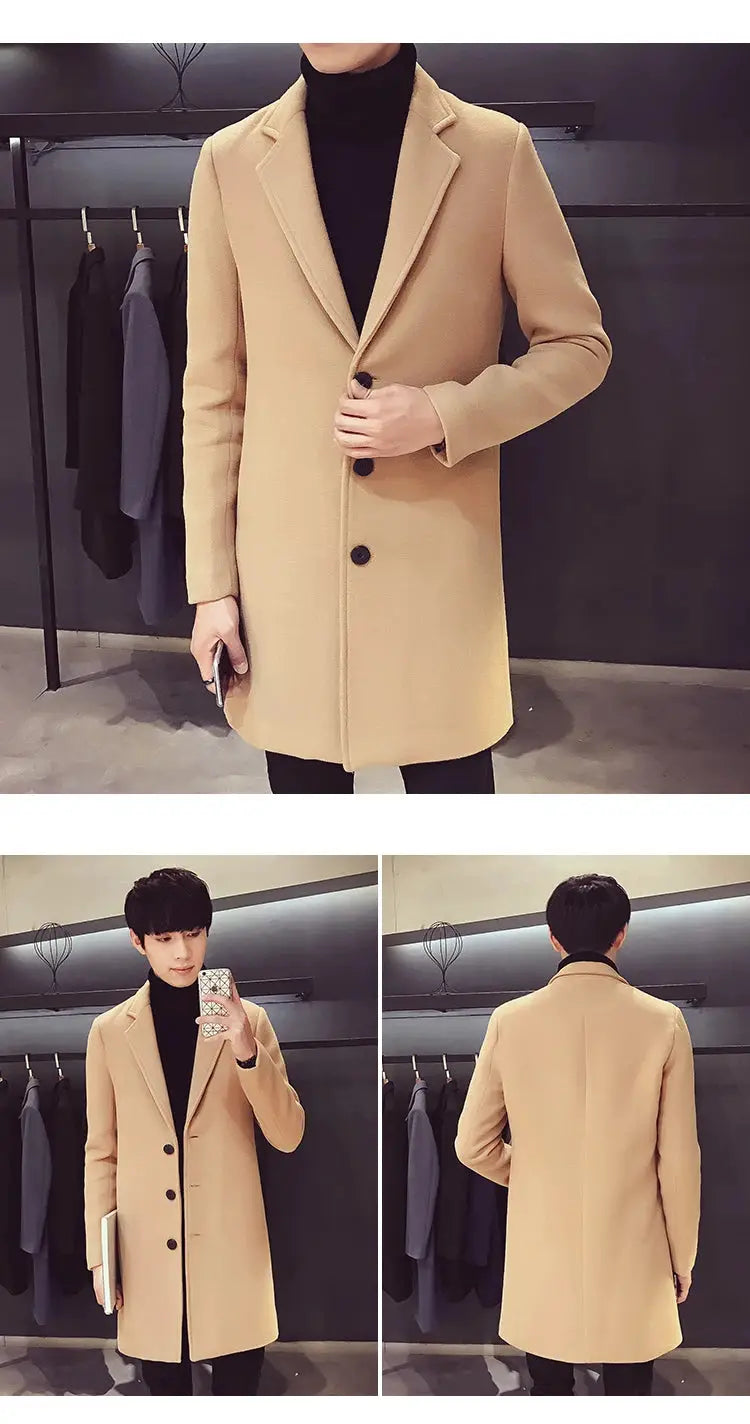 Men's camel wool-blend long coat with notched lapels, knee-length, single-breasted 3-button front