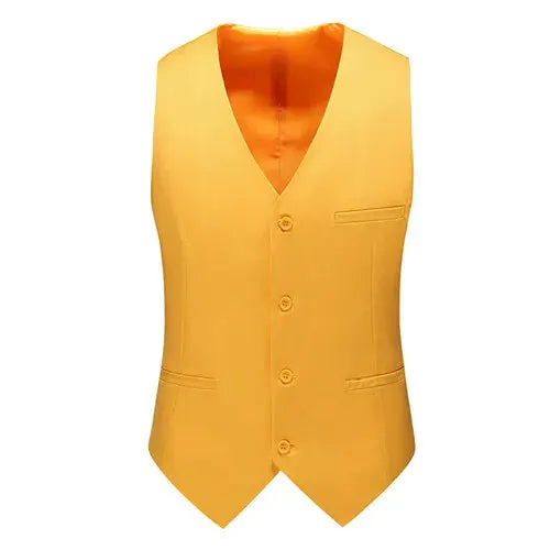 Yellow waistcoat vest with V-neck, five-button front, two welt pockets, front view for formal wear events.