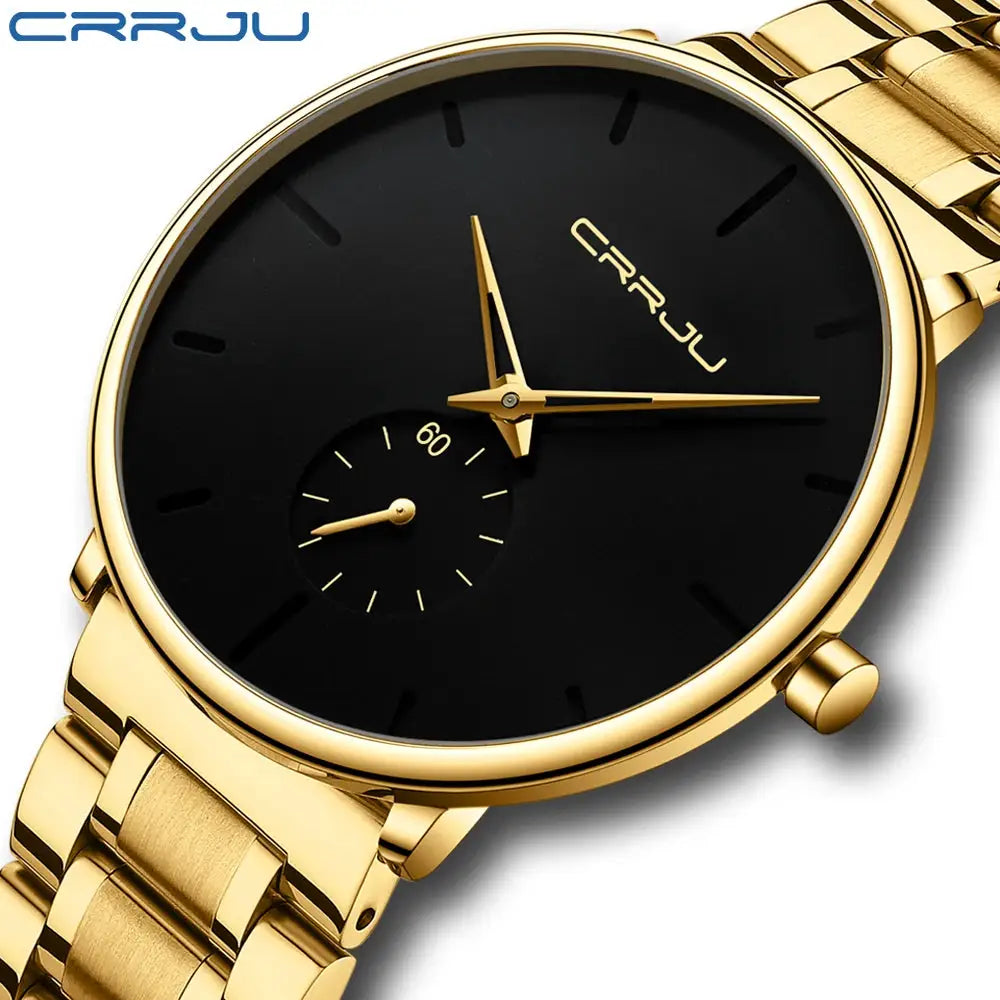 CRRJU men's gold-tone stainless steel wristwatch with black dial and minimalist markers