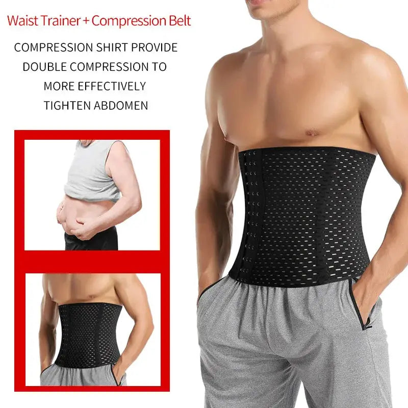 Men's black perforated waist trainer corset with high abdomen compression