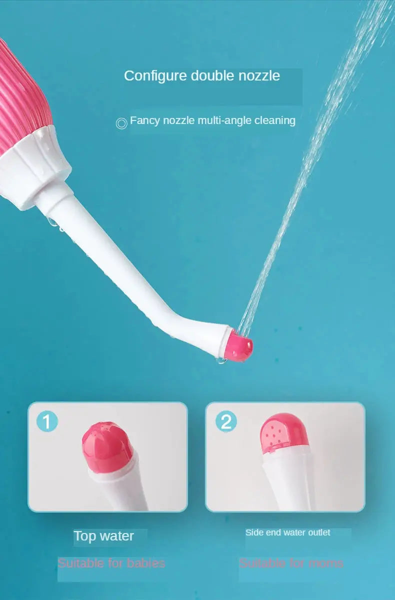 Simples Market portable bidet with pink nozzle and white body; dual-nozzle for multi-angle cleaning.