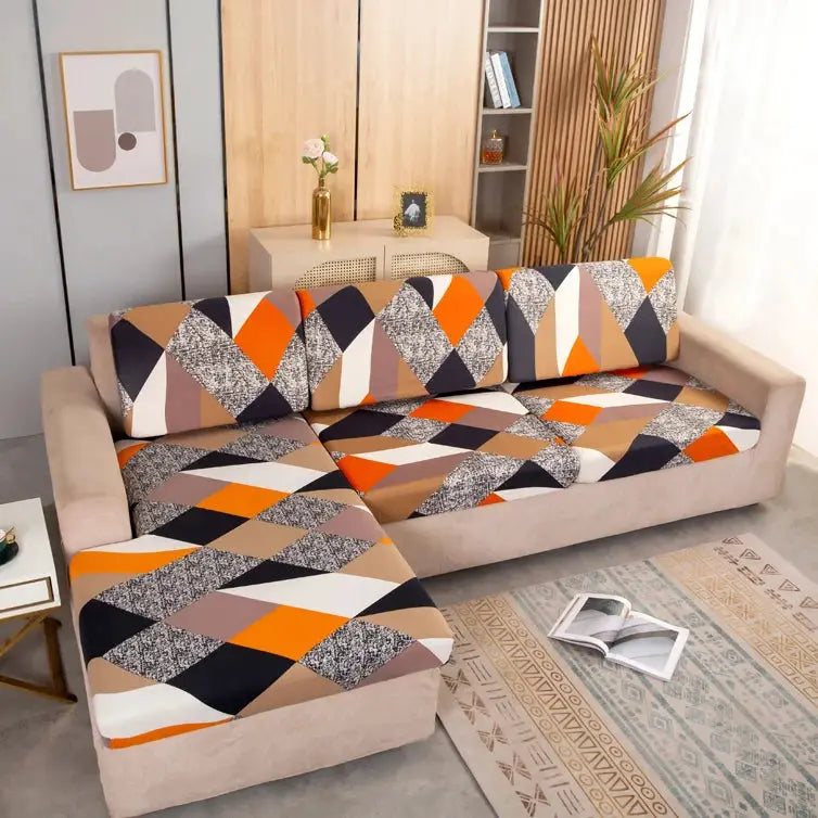 Geometric print sofa cover for corner sofa; orange, beige, black and white elastic slipcover by Simples Market