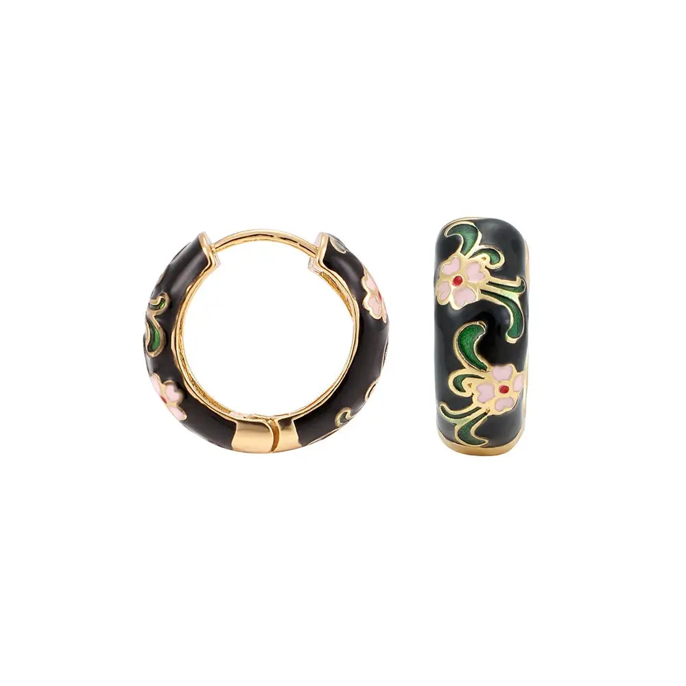 Enamel flower hoop earrings 2pc set, black with pink flowers and green vines, gold-tone edges