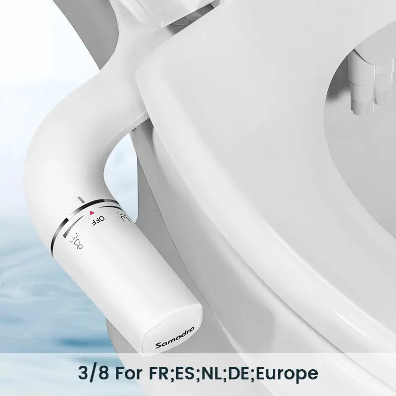 SAMODRA bidet attachment on a white ultra-slim toilet seat with dual nozzles and adjustable water pressure