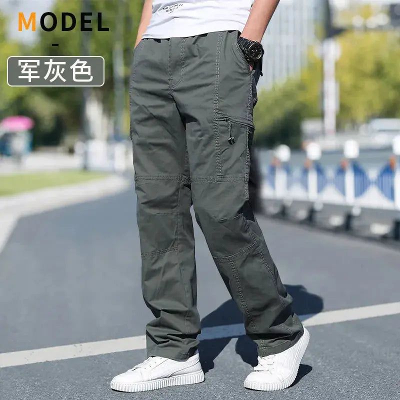 Simples Market men's cargo pants in gray cotton workwear with multiple pockets and knee seams