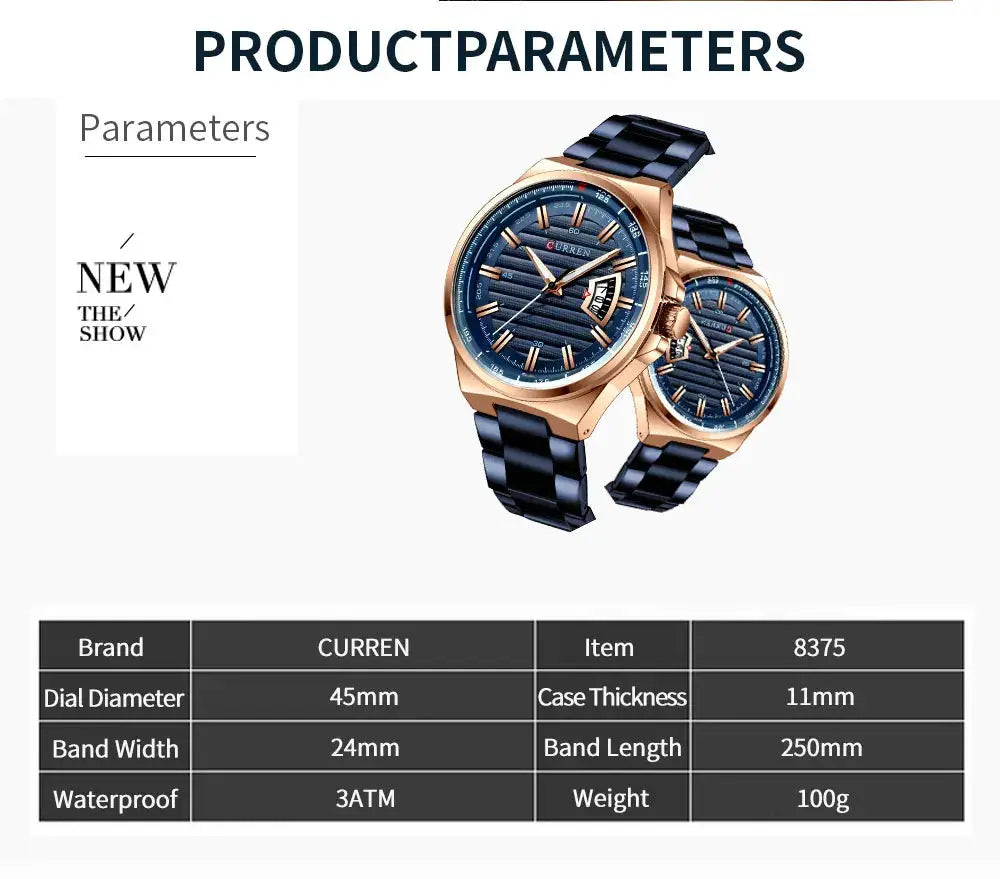 CURREN men's luxury watches with blue dial, rose-gold case, stainless steel band; box included (2 watches)